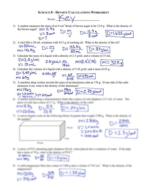 density calculations worksheet answer key pdf